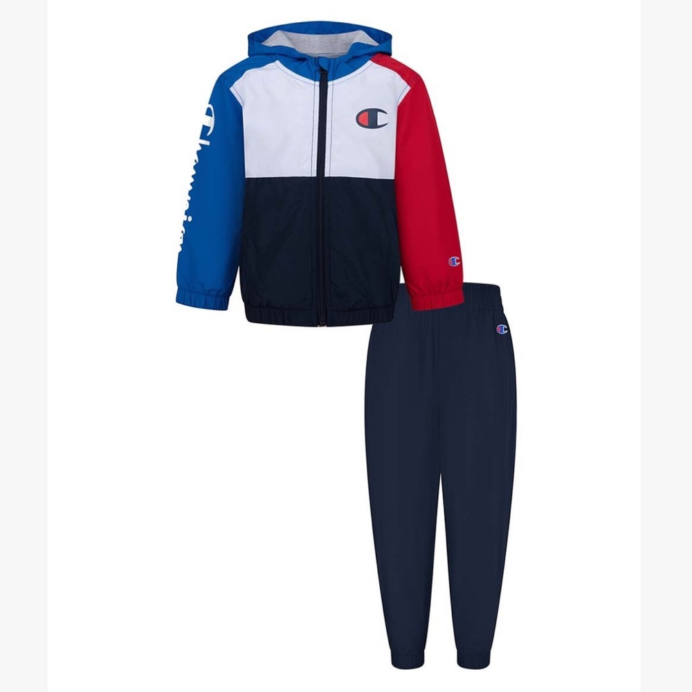 Navy & White Logo Color Block Windbreaker & Sweatpants - Toddler Champion